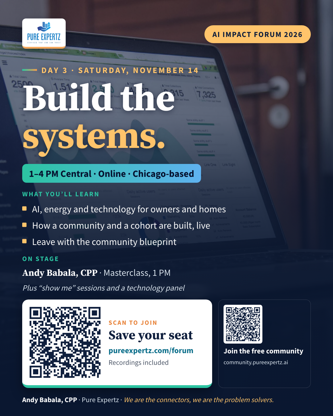 AI Impact Forum Day 3 · Sat Nov 14: Build the systems. Nov 12–14, 1–4 PM CT, online.